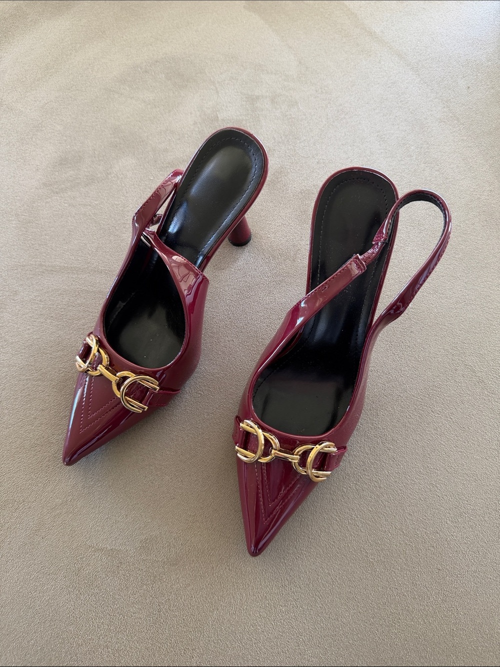 Women’s Burgundy Patent Slingback Pointed-Toe Heels with Gold Accent